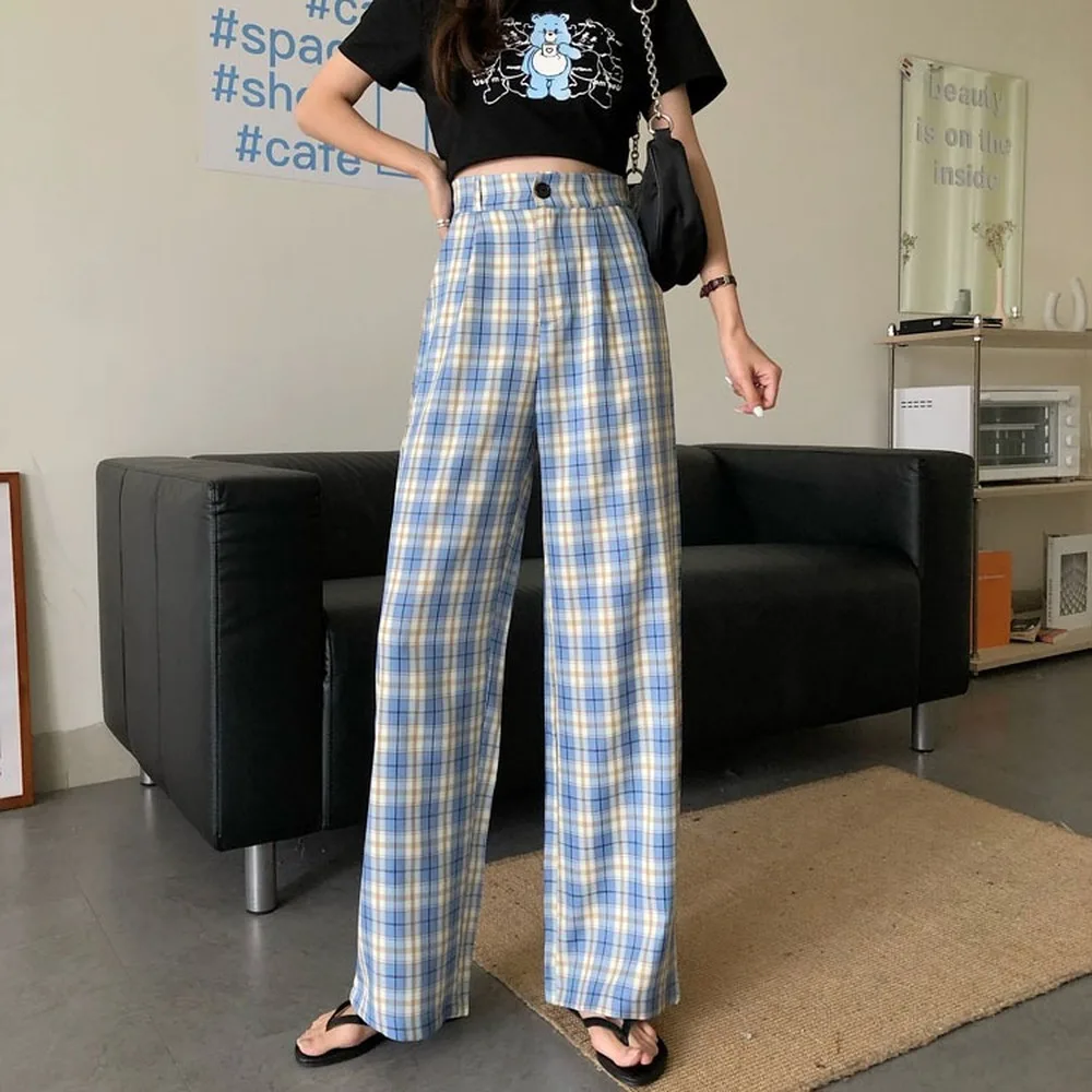 Wide Leg Pants Women Harajuku Plaid Summer Popular Korean Teens High Waist Trouser Purple Stylish Chic Womens Pantalones Soft