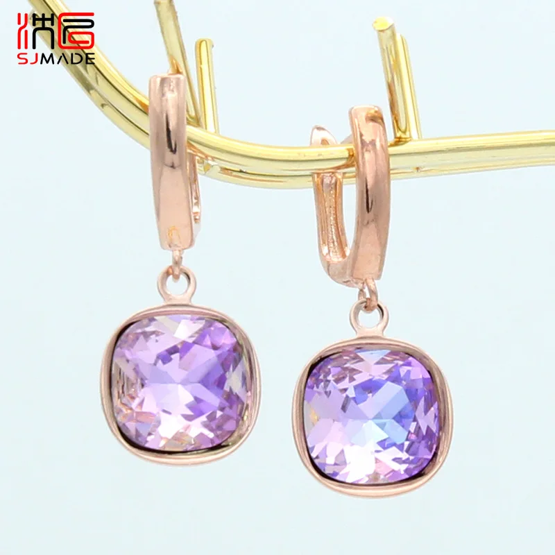 SHENJIANG New Fashion Elegant Colorful Square Crystal Dangle Earrings For Women Jewelry 585 Rose Gold Color Eardrop Gift