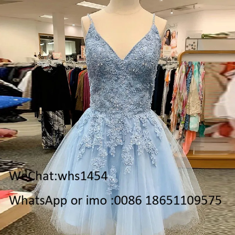 Mbcullyd Light Blue Short Cocktail Dresses 2023 Charming Applique Lace Prom Party Gowns Sexy V-neck Backless robe de soiree