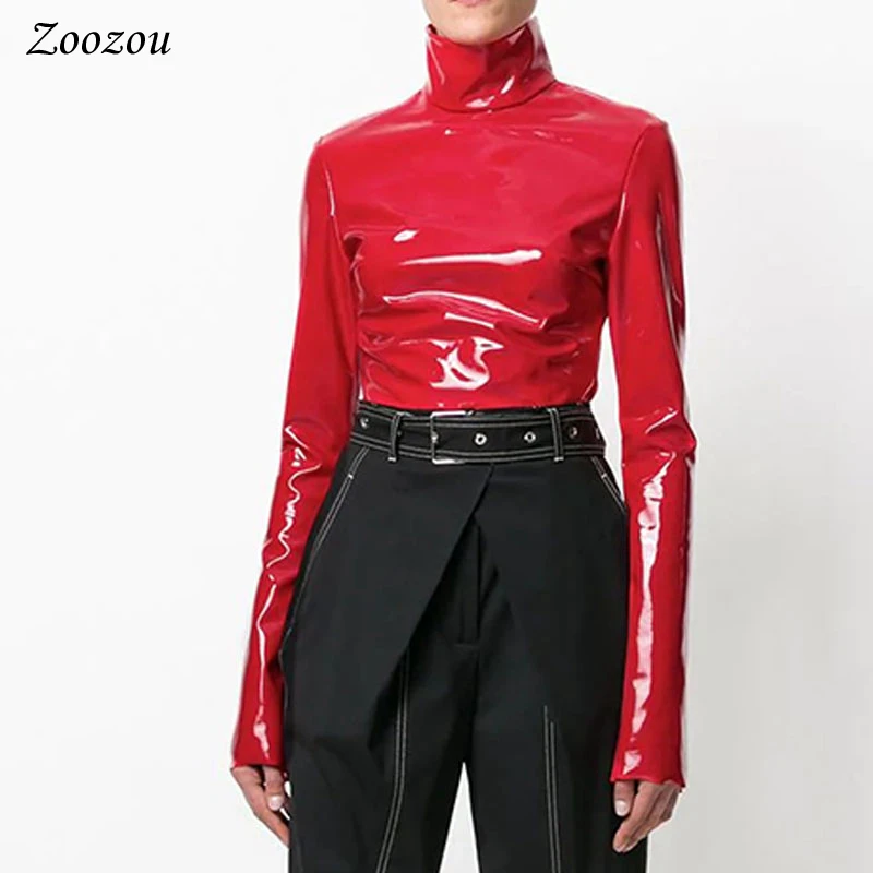 Women Faux Patent Leather Turtleneck Tops Long Sleeve Shirt Zipper PVC Pullover Black Red PU Leather Clothes Streetwear