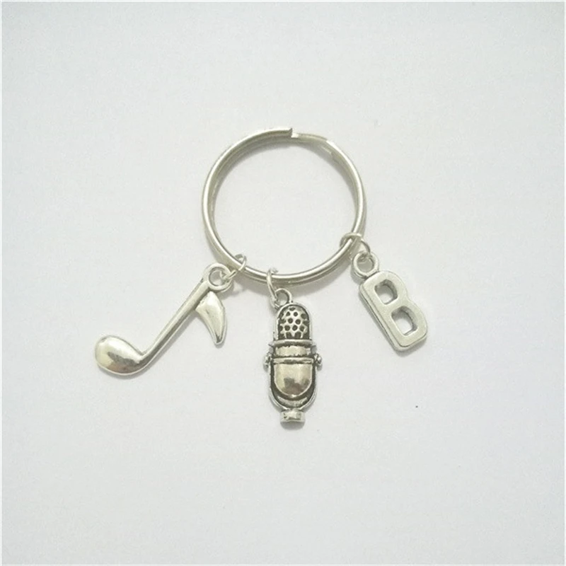 Microphone Keychain DIY Keyring Gift for Music Lovers Men Women Fashion Music Keychain with Initial