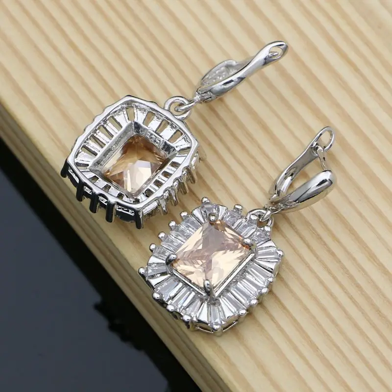 Hyperbole Big Square Champagne Cubic Zirconia 925 Sterling Silver Earrings for Bridal Decoration Earrings Set Dropshipping