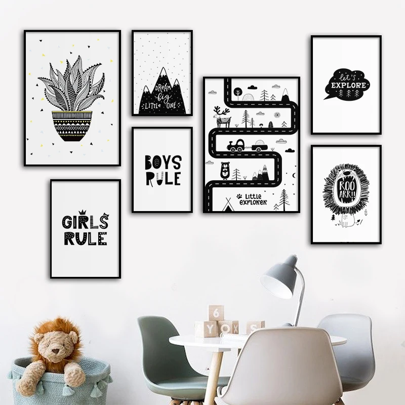 Black White Cartoon Bear Baby Nursery Wall Art Canvas Poster Custom Name Print Painting Nordic Picture Kid Boy Girl Room Decor