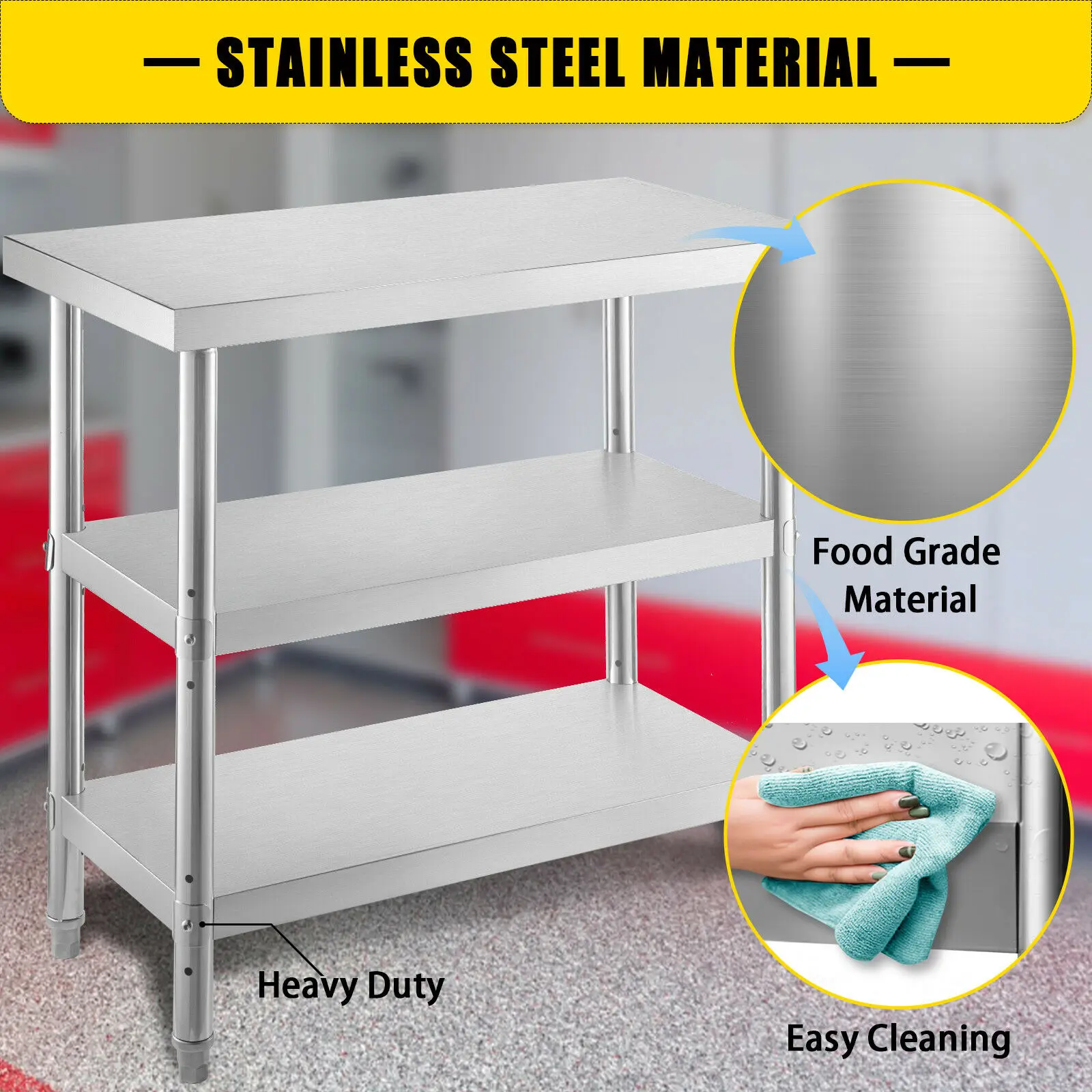 VEVOR Stainless Steel Work Table Storage Shelve Commercial Kitchen Food Prep with Installation for Home Projects Cafeteria Hotel