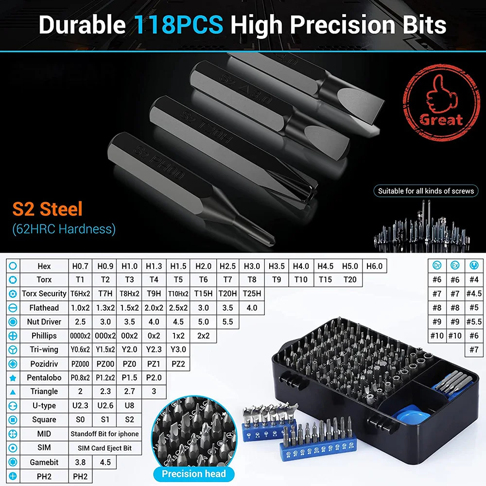 Imagem -02 - Conjunto de Chave de Fenda de Precisão Jogo de Ferramentas de Reparo de 140 Peças com Conjunto de Chave de Fenda Magnética de 118 Bits para Computador Computador Portátil Telefone Etc.