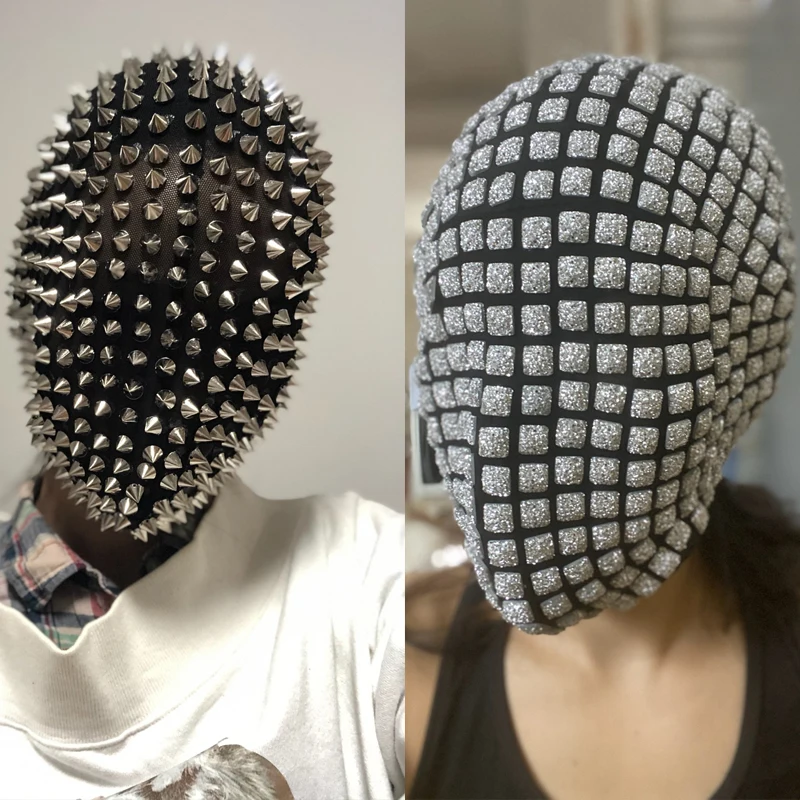 

American European Clothing Puff Bar DJ Costume Flashing Rivets Rhinestone Headdress Funny Rave Stage Performance Prop Men Women