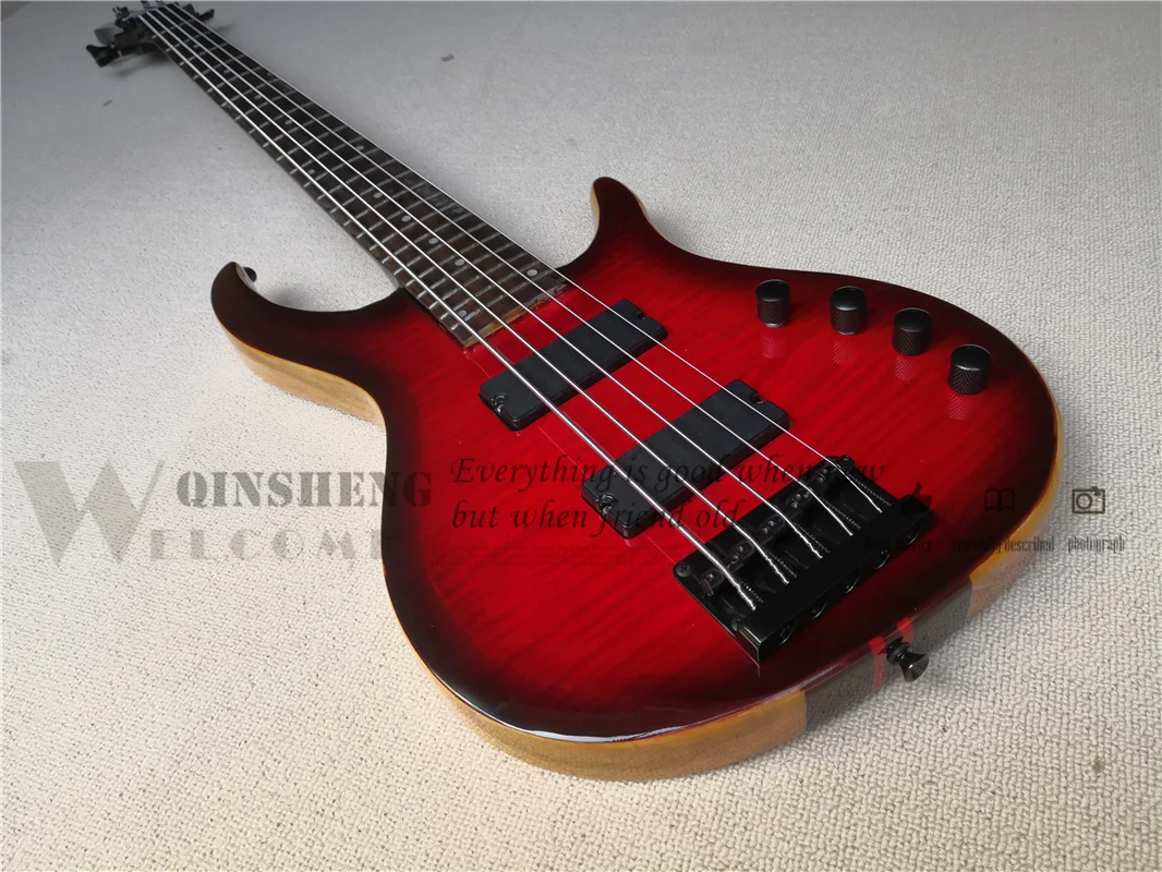 

Pesell Custom OM Bass Maple Through Red Body Active Battery Black Knobs 5 Strings Bass Guitar