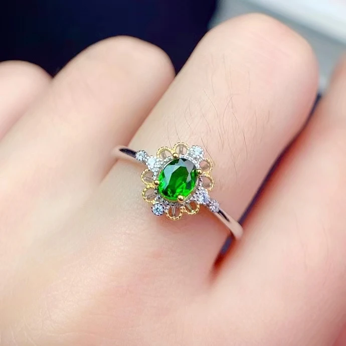 KJJEAXCMY fine jewelry 925 sterling silver inlaid natural diopside women vintage popular flower adjustable gem ring support dete