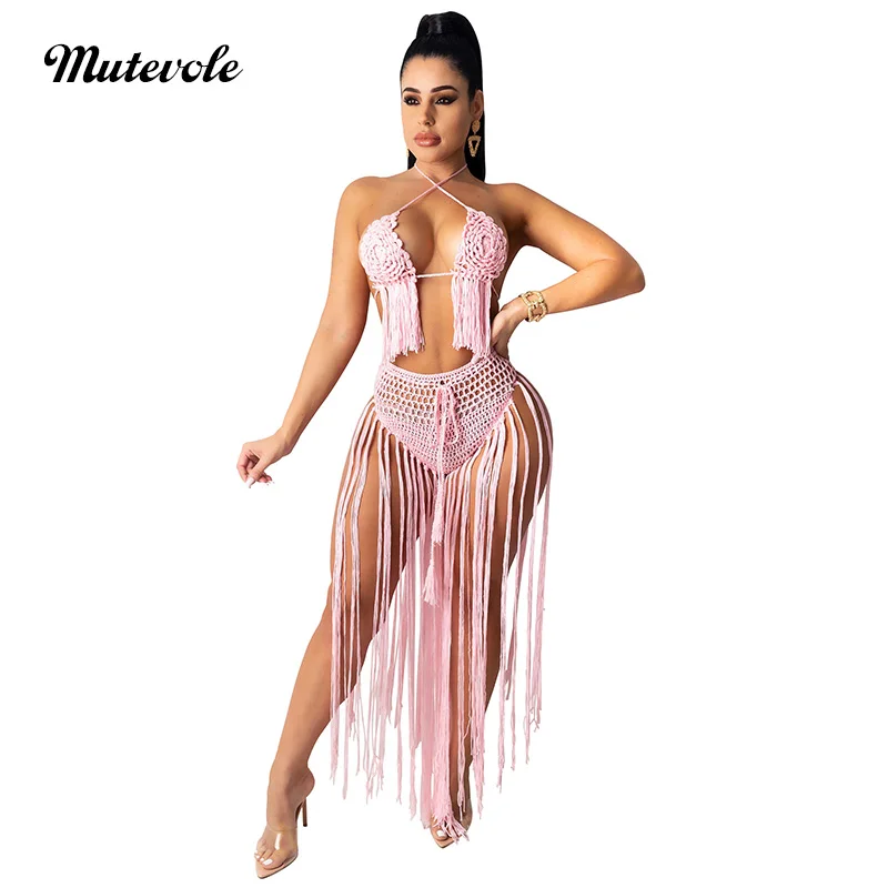 Mutevole Women Summer Crochet Bikini Set Tassel Swimwear Sexy See Through Cover Up Skirt Hollow Out 2 Piece Knitted Beach Set