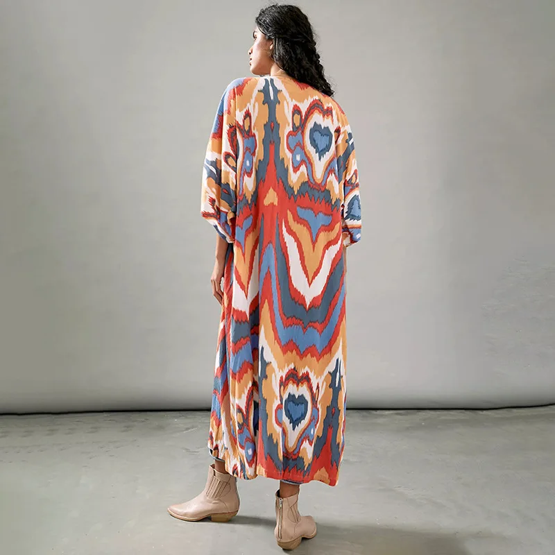 FORERUN Kimono Women Summer Print Long Cardigan Pareo Vacation Beach Swimwear Cape for Swimsuit Cover Up Robe Plage Femme