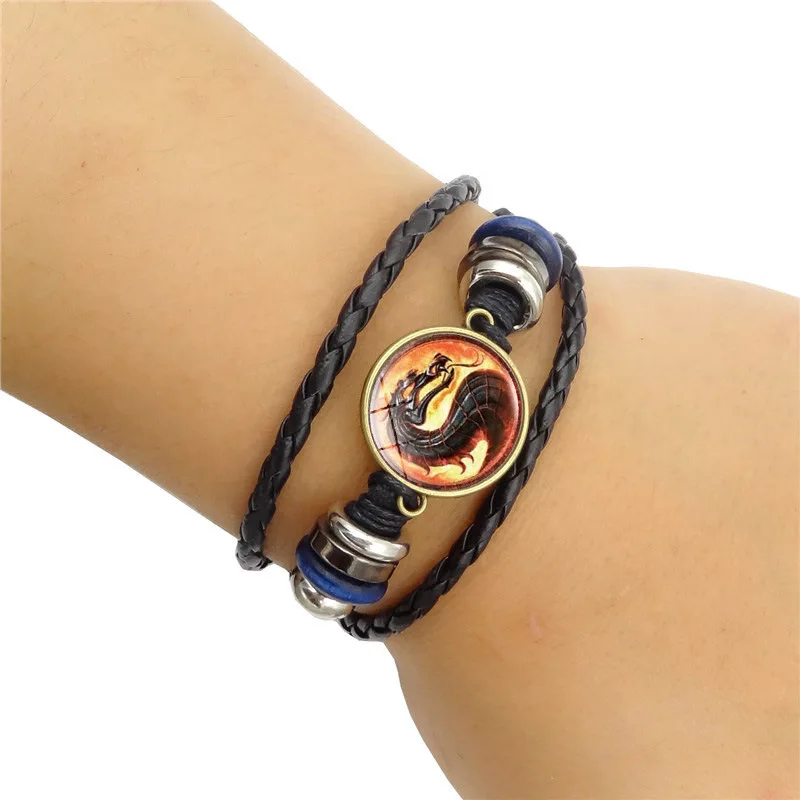 Mortal Kombat Charm Multi Layer Leather Bracelet Fighting Game Dragon Jane Empire Glass Dome Bangle Bracelet Leather Jewelry Han