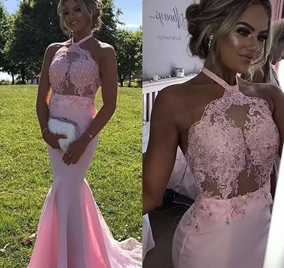 

Elegant Pink Open Back Long Evening Formal Dress 2023 Lovely Halter Lace Applique Prom Party Gown Robe De Soiree Longue