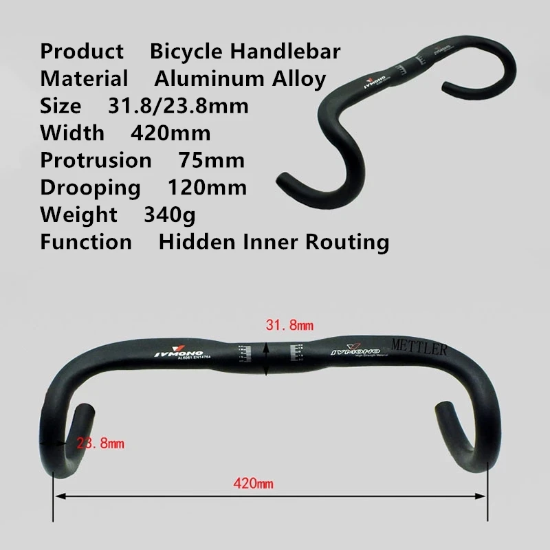 Road Bike Handlebar Bend Bar Hidden Inner Brake Cable Fixed Gear Bicycle Vertical Pipe Handle Aluminum Alloy 31.8mm Width 420mm