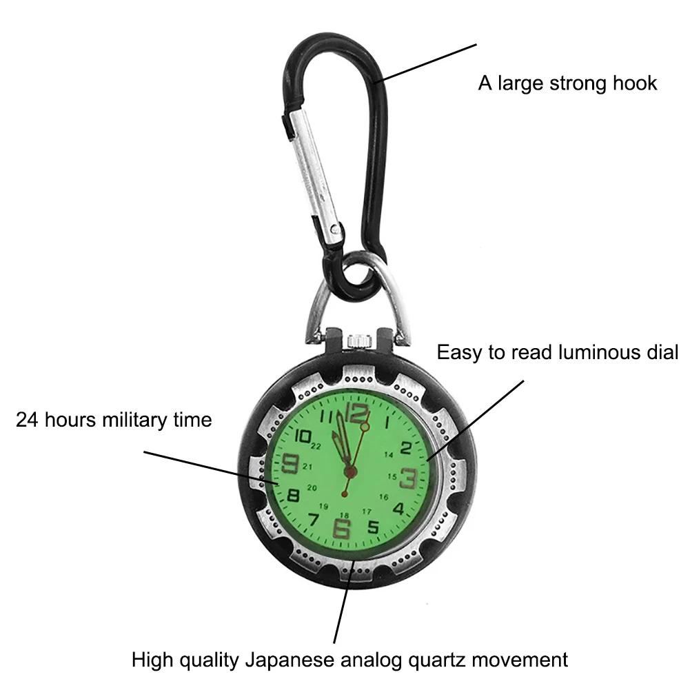 야외 미니 Carabiner 시계 라운드 다이얼 아라비아 숫자 빛나는 석영 아날로그 포켓 시계 Carabiner 포켓 시계에 클립