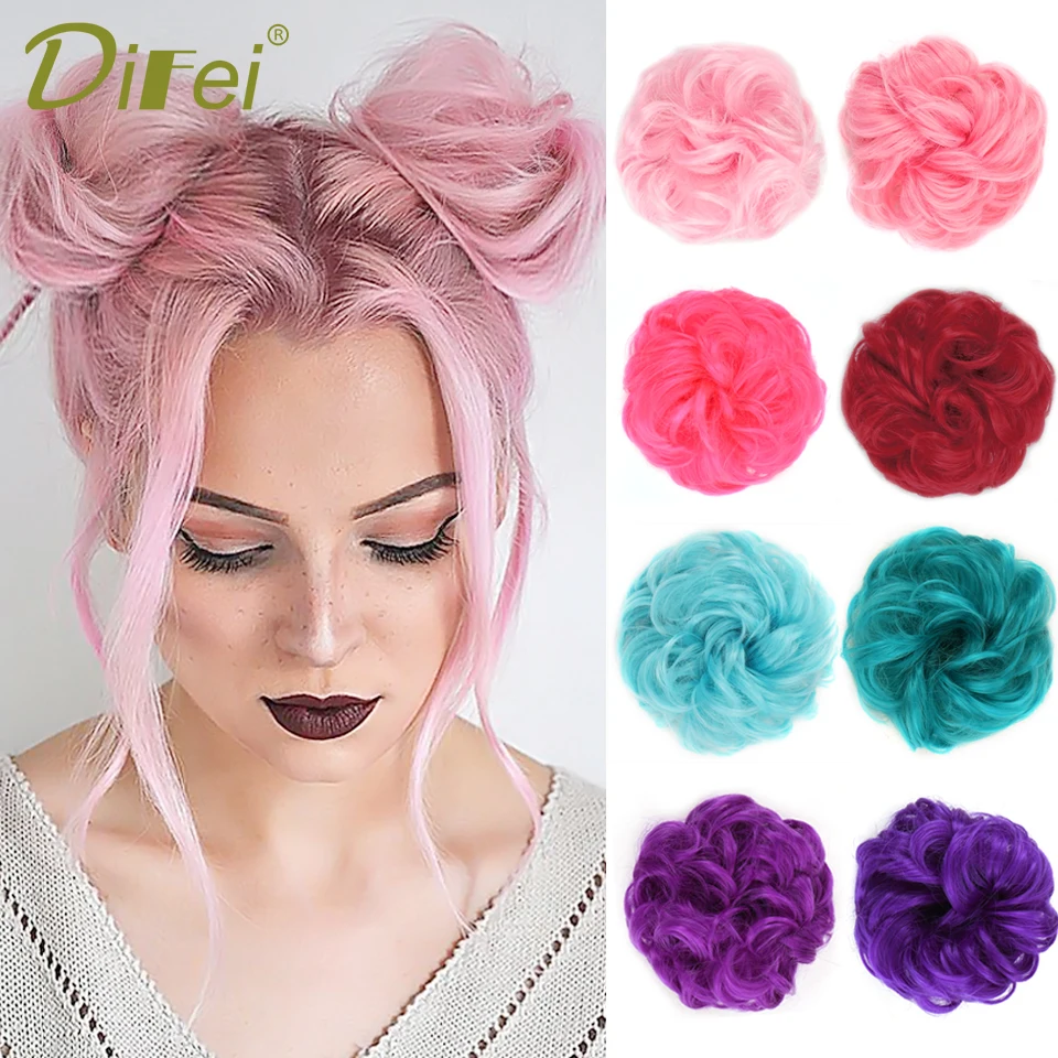 DIFEI Curly Scrunchie Chignon z gumką brązowy różowy syntetyczny gumka do włosów Wrap na roztrzepany kok kucyki proste włosy