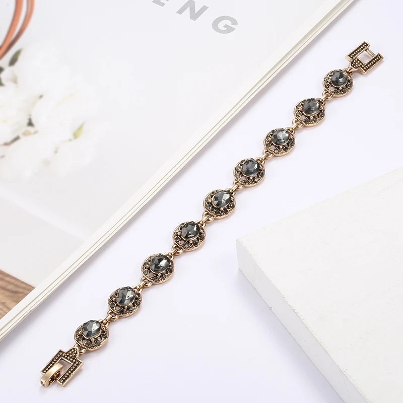 Wbmqda Charm Ethnic Wedding Bracelet Women 585 Antique Gold Boho Gray Crystal Bracelet Vintage Jewelry Russia Accessories