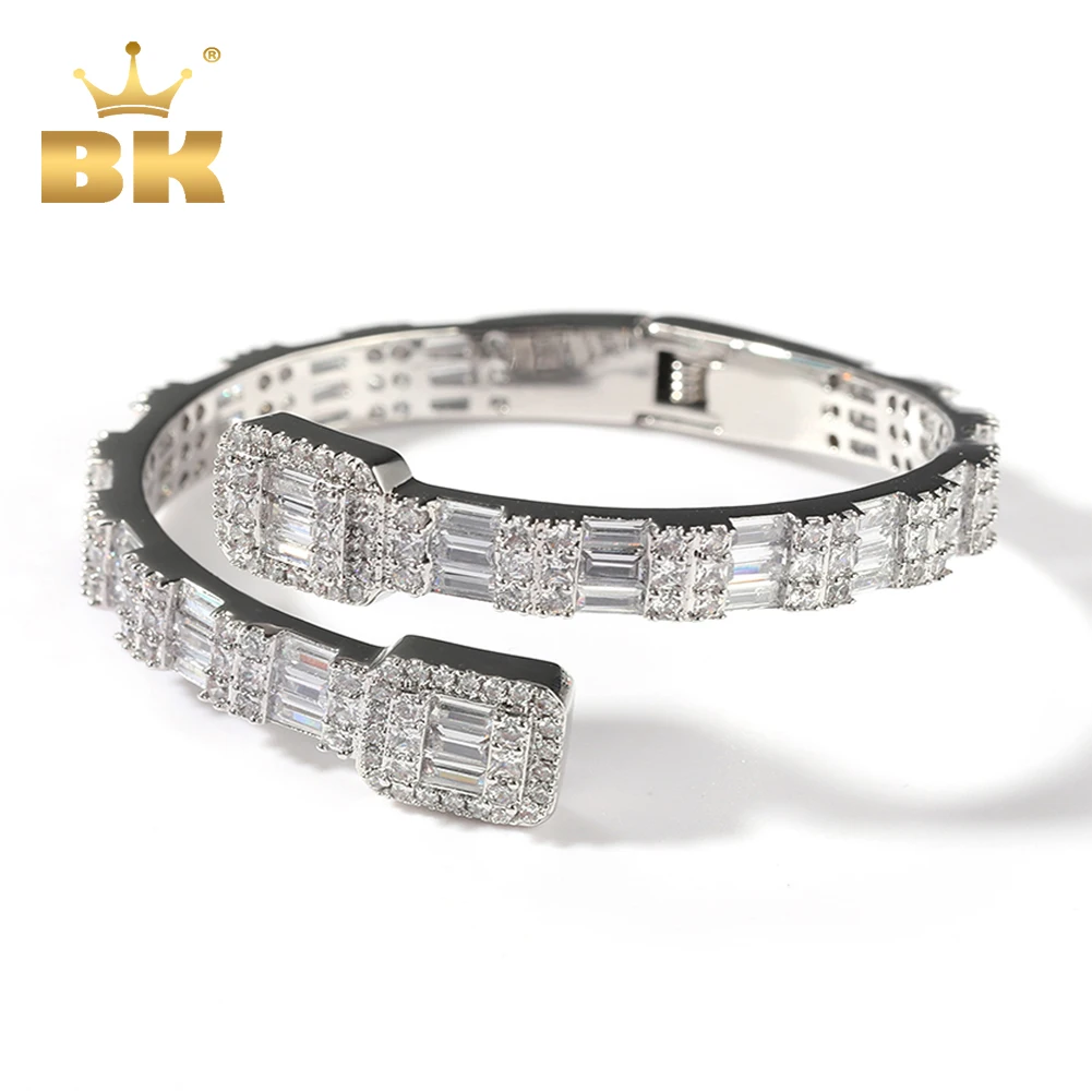 THE BLING KING 7mm Baguettecz Cuff Bangel Micro Paved Bling Square CZ Bracelet Luxury Wrist Rapper Jewelry Punk Bangle