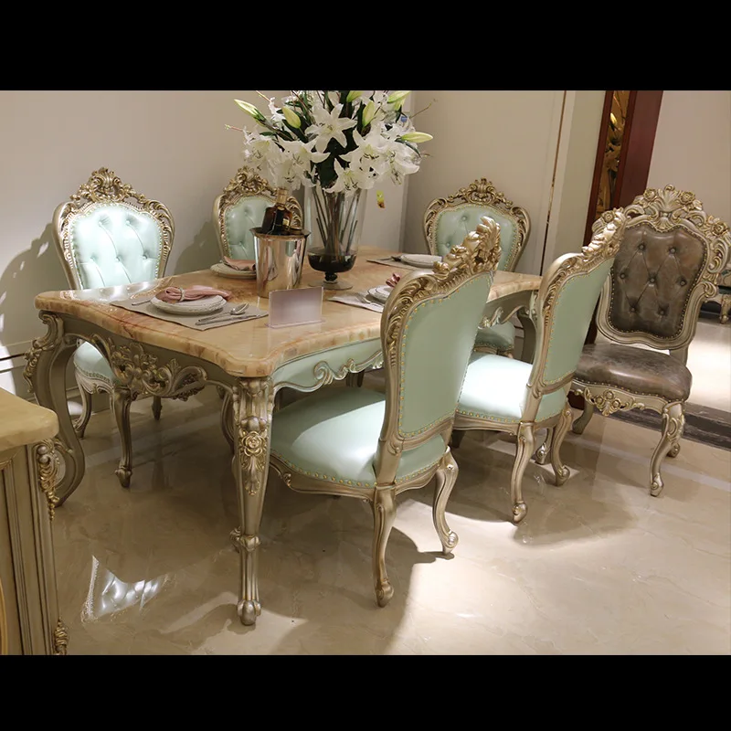 European style marble dining table 1.6 / 1.8 meters solid wood rectangular dining table 6 people dining table classical American