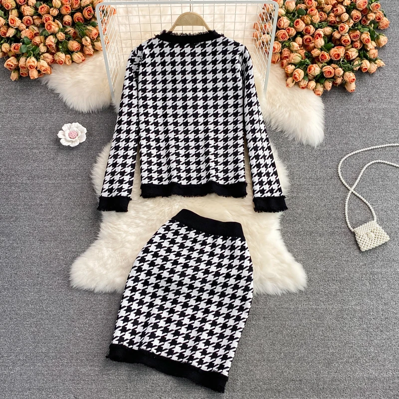 Women  2 pièces Autumn Winter Plaid Houndstooth Knitted Set Long Sleeve Cardigan+Elastic High Waist Skirt Two Pieces Set Spring