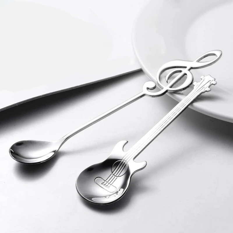 Coffee Spoons,6 Pack Creative Cute Teaspoons Stainless Steel Staff Musical Notation Shaped (3 Music Note +3 Guitar)