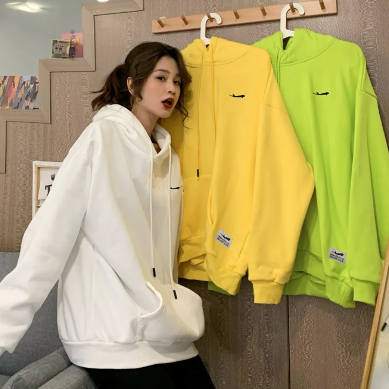 Spring Casual Loose Boyfriend Fluorescent Green Hoodies Women 2021 Hoodies Neon Green Print Jackets Long Pullovers Streetwear