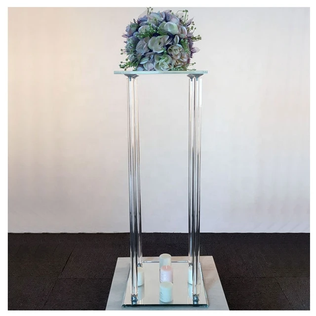 Wholesale clear square mirror base tall cheap table top decorations crystal acrylic flower stand wedding centerpieces