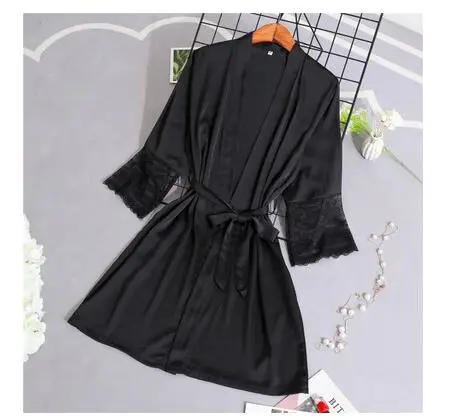 Women Silk Satin Short Night Robe Solid Kimono Robe Sexy Lace Trim Bathrobe Peignoir Bride Bridesmaid Robe Fashion Dressing Gown