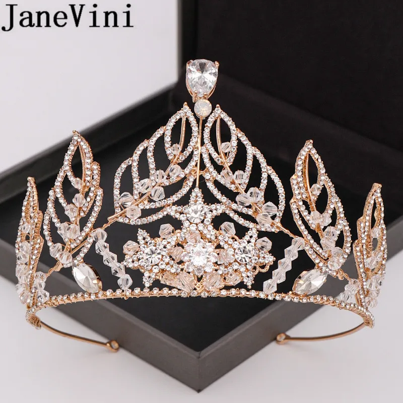 JaneVini Luxury Gold Bride Headband Baroque Rhinestone Crystal Bridal Wedding Crown Tiaras Queen Headpieces Hair Accessories