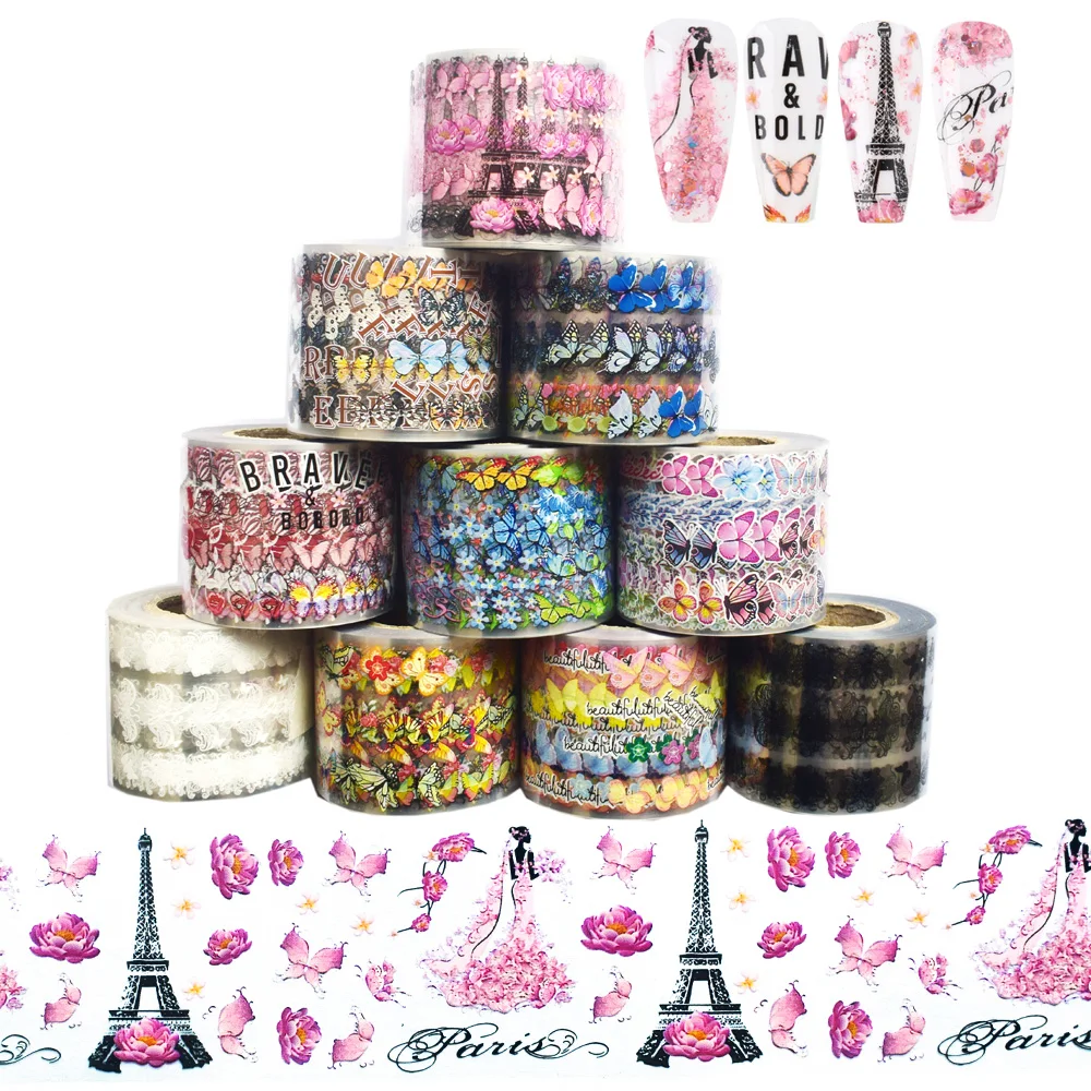 10Roll Nail Stickers Transfer Foils Charms Bride Butterfly Lover Manicure Transfer Wraps Decals 50m*4cm Nail Art Decorations Set