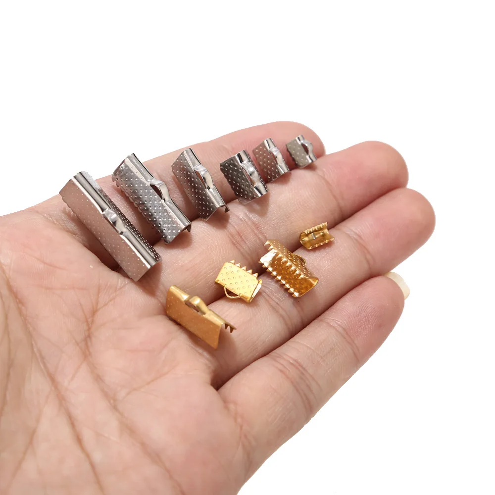 20pcs Stainless Steel Gold Ribbon Textured Clip Clamp Cord Crimp End Cap Tip Bracelet Connector Findings with Teeth 6 SIZES