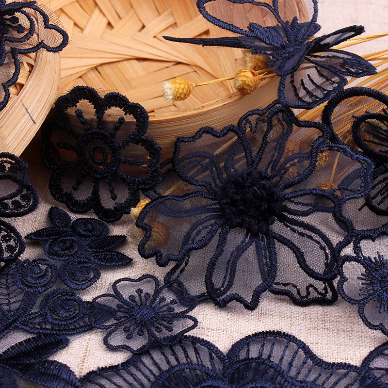 Navy Dark Blue Lace Embroidery Patches Sew Ion on Clothes Organza Flower Butterfly Appliques for Clothing Jeans Dress DIY Stripe