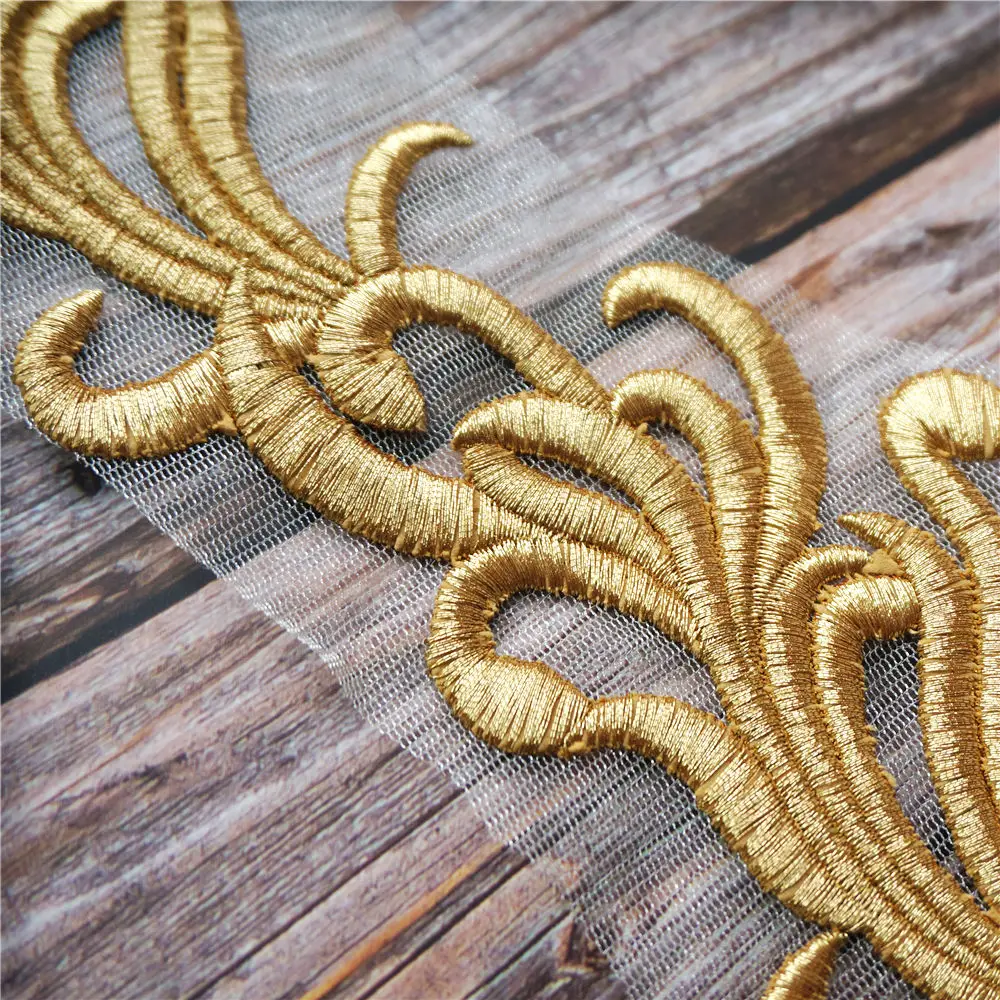 Gold Lace Fabric Embroidered Gown Appliques Flora Collar Mesh Baroque Vintage Sew On Patches For Wedding Decoration Dress DIY