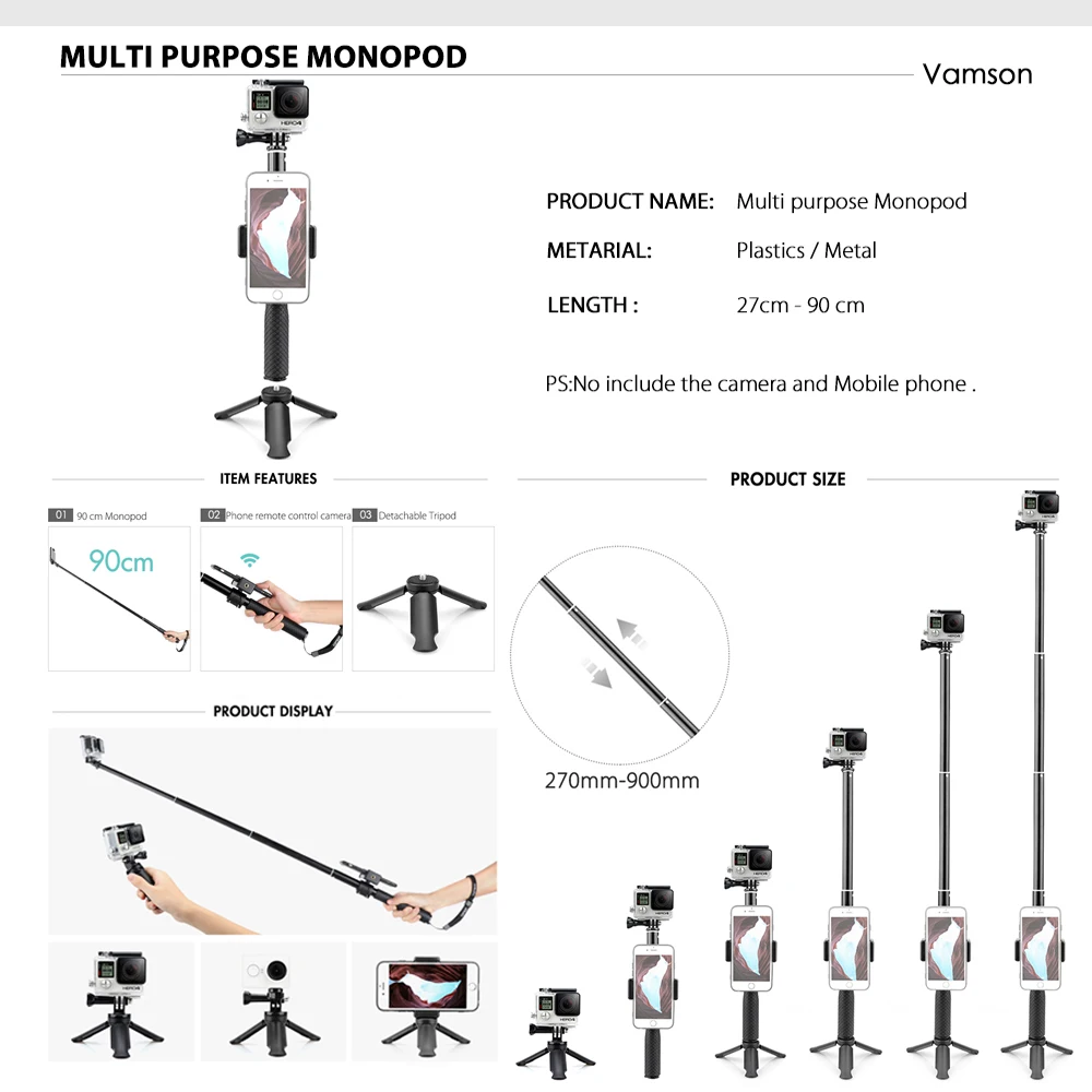 Vamson for Gopro Hero 12 11 Black Accessories Side Cover Waterproof Housing Case Tripod Mount Monopod for Go Pro Hero 12 11 10 9