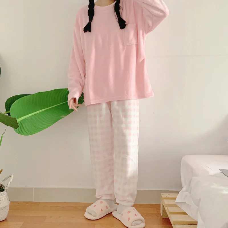 Sweet Pajama Sets Women Candy Color Long Sleeve Tops Bundle Pants Plaid Students Sleepwear Flannel Fashion Cozy Thicker Lounge