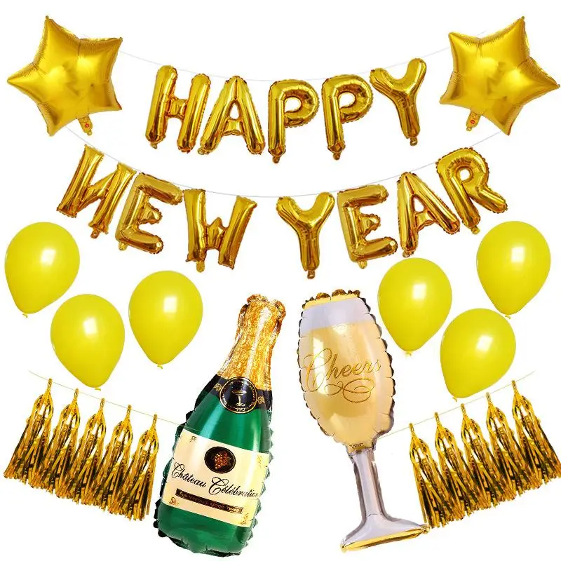 2020 Christmas New Year Balloon Bar Decoration 16-inch Bright Gold Happy New Year Letter Champagne Beer Aluminum Balloon ZB243