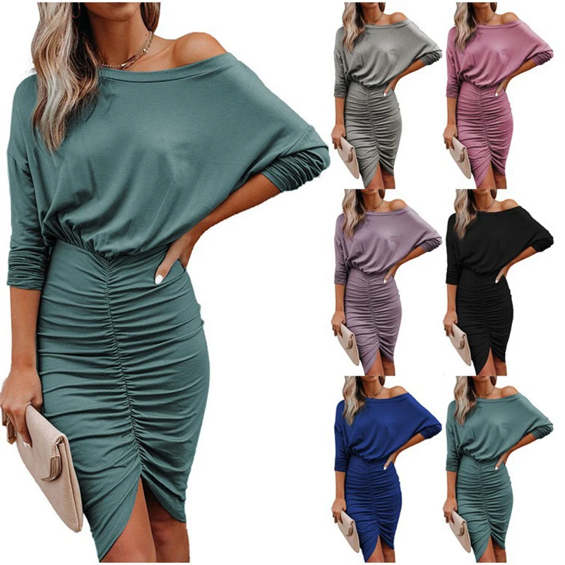 

Sexy Party Wrap Dress Bodycon Slim Ruched Wrap Dresses Slash Neck Long Sleeve Dresses Autumn Spring Plus Size Dresses Vestidos