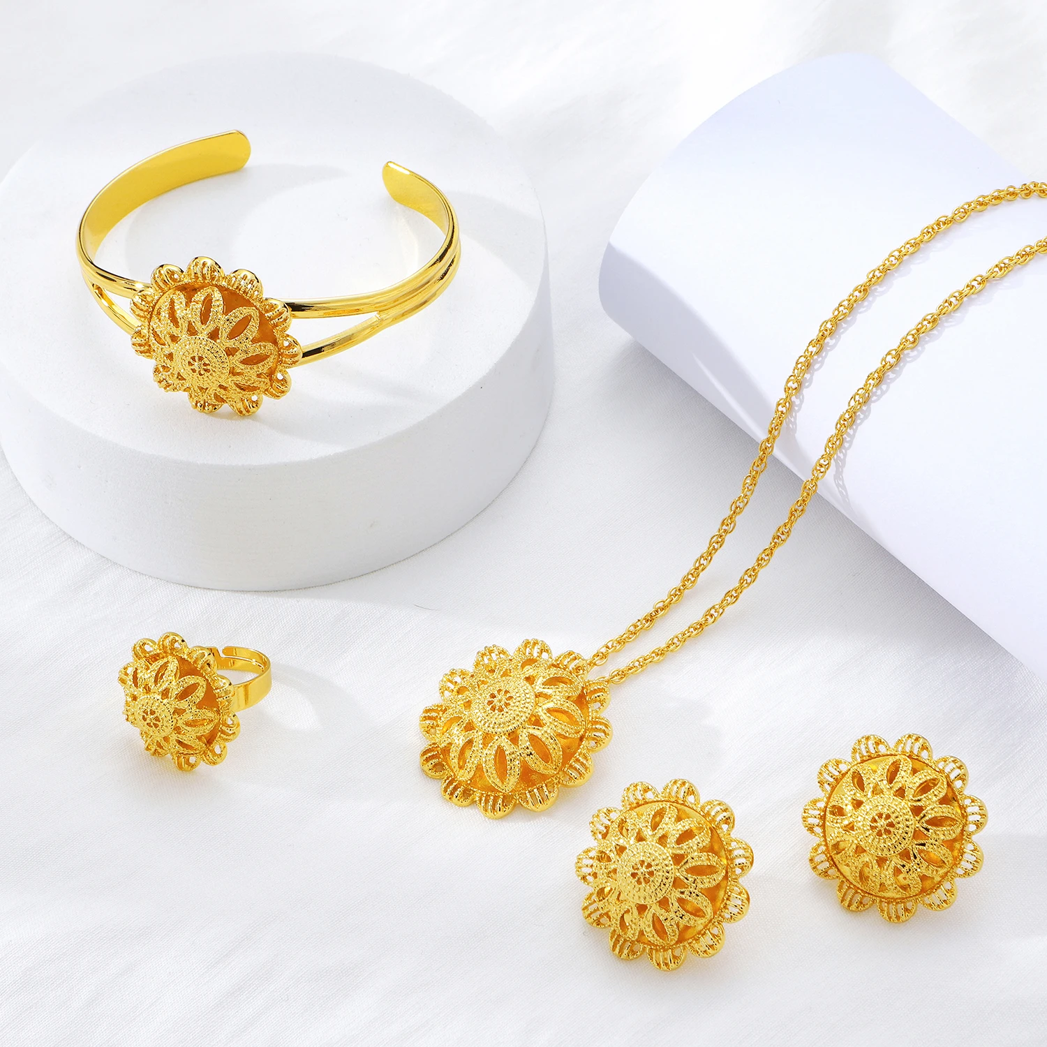 Ethlyn 4Pcs Dubai Blume Schmuck Sets Gold Halskette für Frauen Äthiopischen Hochzeit Afrikanische Braut Geschenke MY157