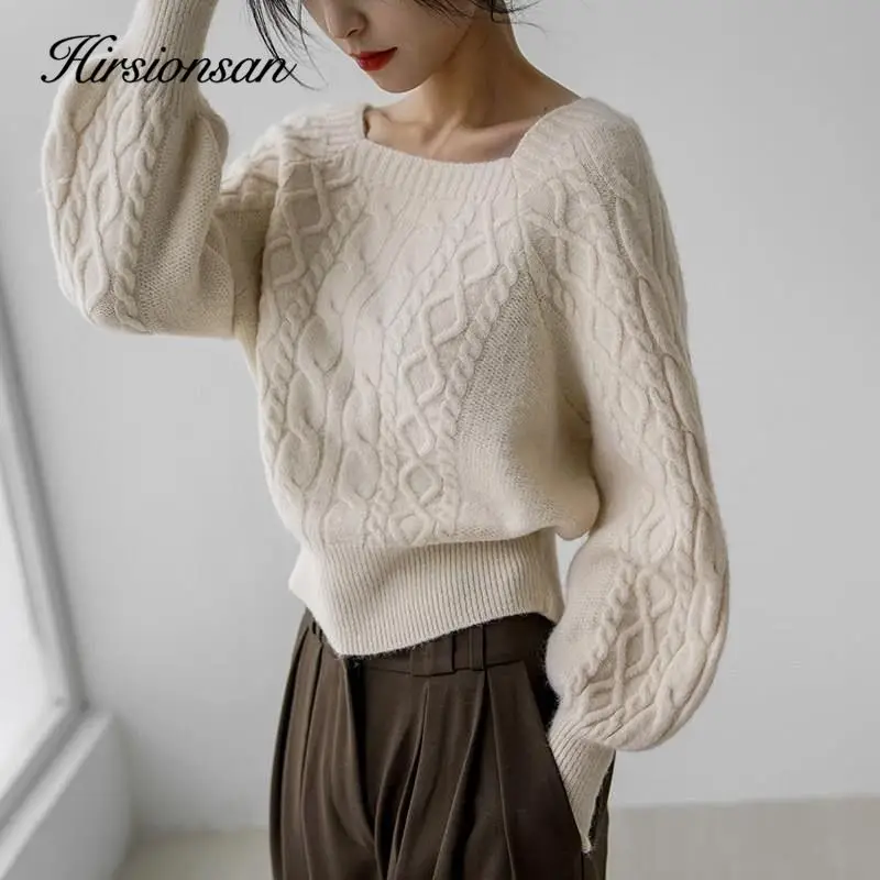 Hirsionsan Square Neck Short Sweater Women Elegant Chic Casual Knitted Pullovers Autumn Korean Soft Sexy Knitwear Female Jumper