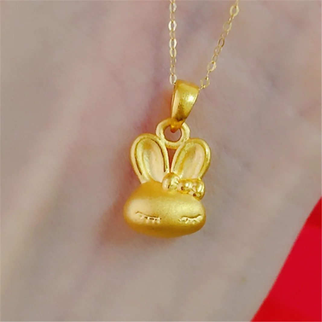 

Pure 999 24K Yellow Gold 3D Luccky Rabbit Pendant Butterfly Knot Bunny Head Woman Gift