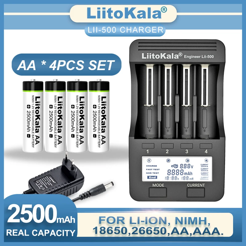 Liitokala-cargador de Lii-500, batería recargable de 1,2 V, AA, 2500mAh, Ni-MH, para pistola de temperatura, Control remoto, baterías de ratón de juguete