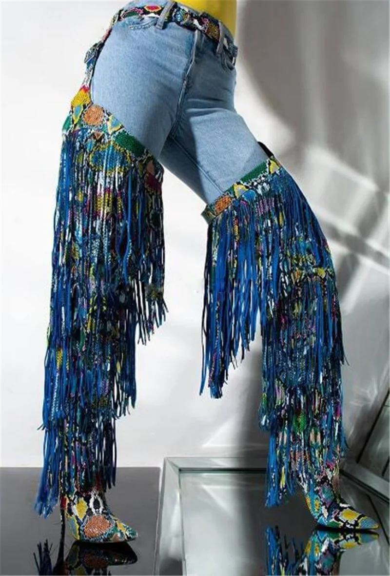 Blue Long Tassel Multicolor Python leather Waist Buckles Thigh Boots Woman Pointed toe Long Stiletto Heel Fringed Boots