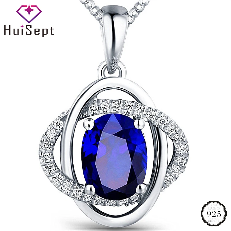 HuiSept Elegant Silver 925 Necklace Oval Shaped Sapphire Zircon Gemstones Pendant Jewelry Ornaments for Women Wedding Wholesale