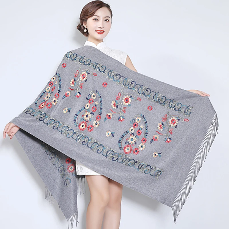 

Women Embroidery Scarf Wrap Warm And Soft Châle Cashmere Pashmina Thickening Travel Edging Scarf Oversize gray Shawl 2020