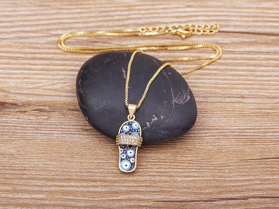 Nidin Mirco Pave CZ Rhinestone Enamel Slipper Pendant For Women Blue Evil Eye Necklace Chain Gold Plated Party Summer Jewelry