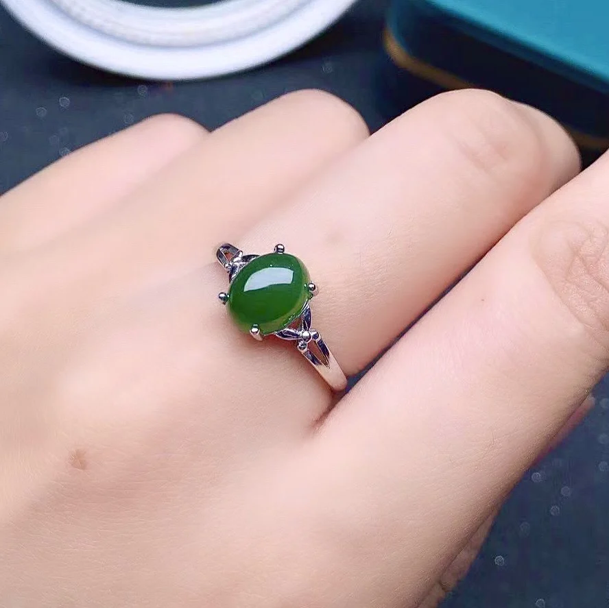 

Fashion Silver Jade Ring for Daily Wear 7mm*9mm Natural Green Jade Silver Ring Chinese Style 925 Silver Jade Jewelry