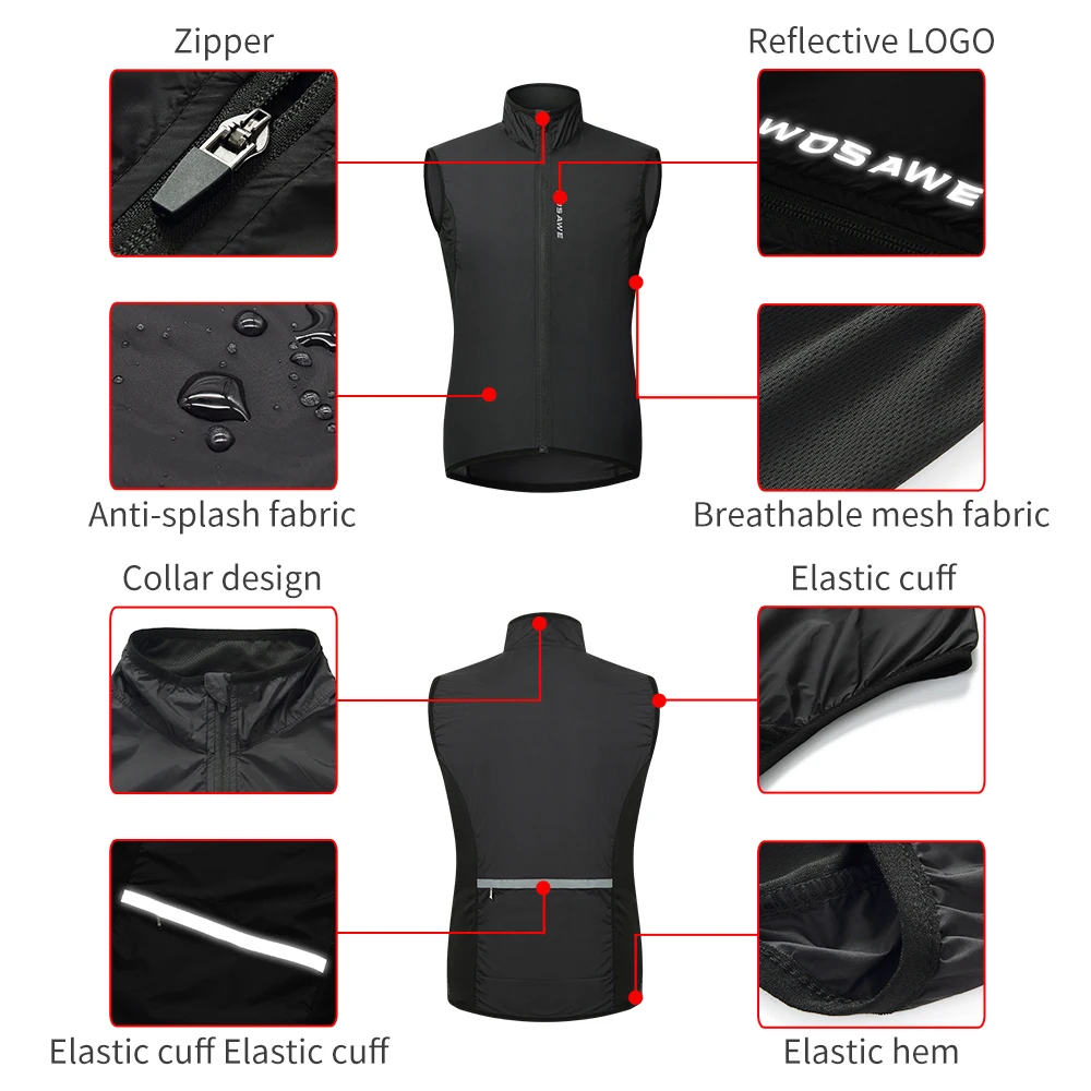 WOSAWE Women Reflective Cycling Vest Solid Woven Sportswear Men Cycling Windbreaker Water Repellent Windproof MTB Bike Jacket