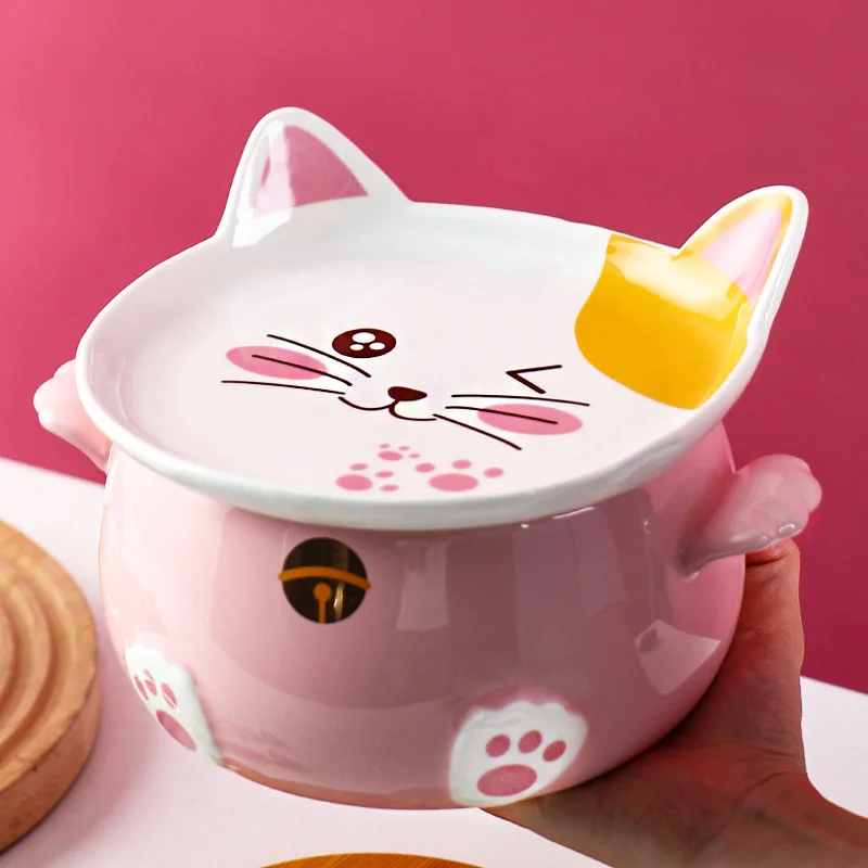 

Instant noodle bowl with large capacity and large lid ceramic cute cat lunch box microwave oven kawaii bowl cereal bowl