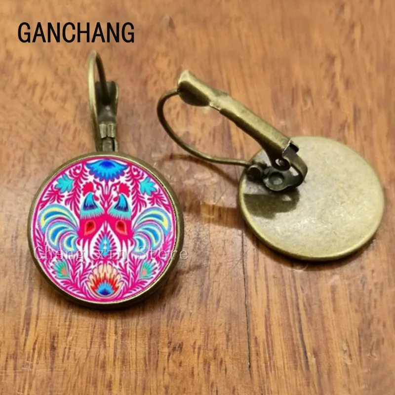 Polish folk art picture stud earrings fashion jewelry, female flower earrings with glass convex round modern paper-cut elements