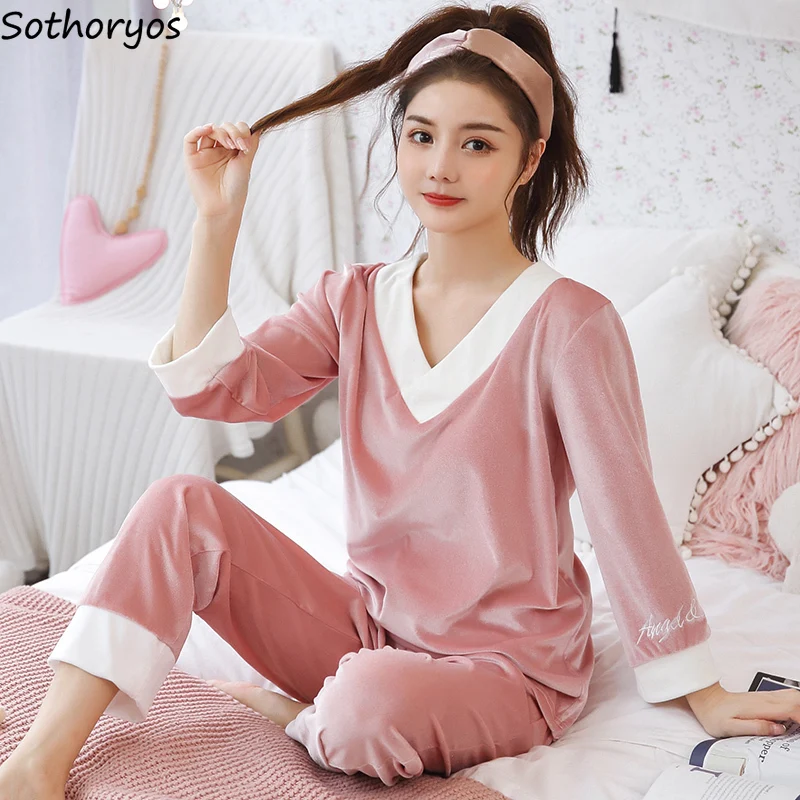 

Pleuche Long Sleeve Pajama Sets Women Plus Size M-3XL V-neck Elegant Autumn Chic Homewear Warm Plush Sleepwear Patchwork Female