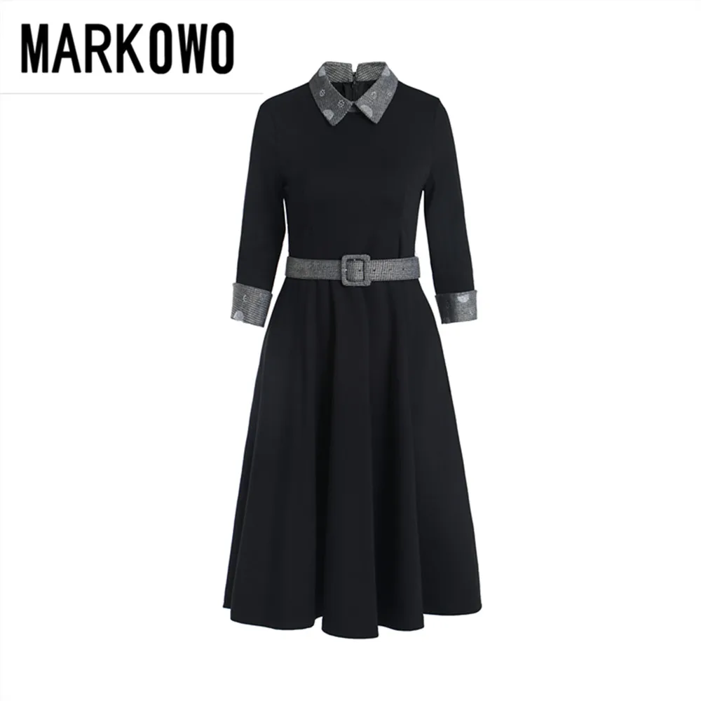 

MARKOWO Desinger Brand 2022 autumn women's new mid-sleeved temperament waist waist long A-line skirt belt dress